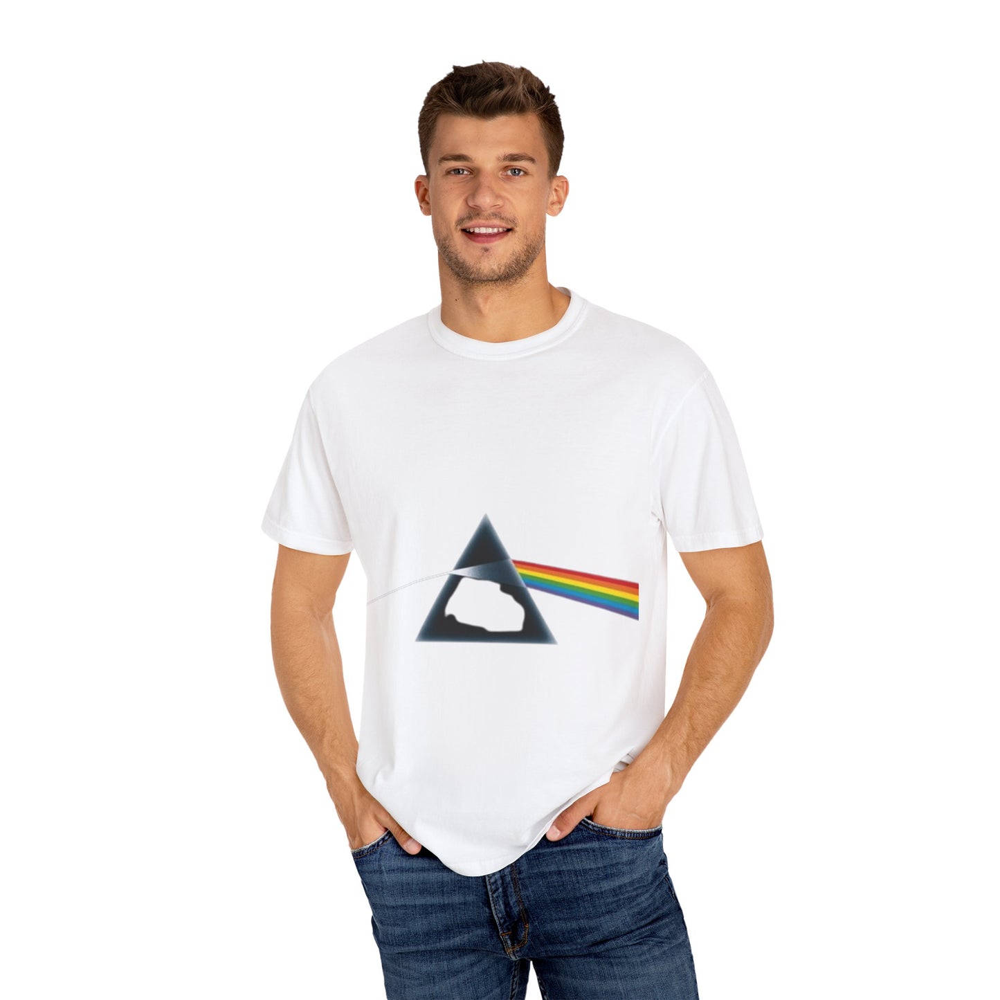 Vintage-Inspired Unisex Garment-Dyed T-Shirt with Prism Rainbow Design